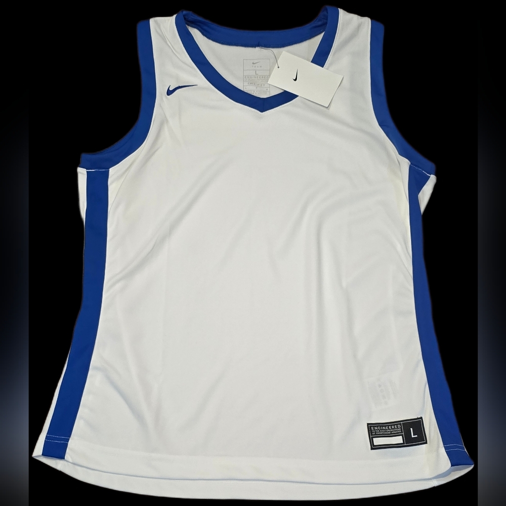 Nike Dri-FIT Elite Women's Basketball Jersey In White and Royal Blue. Size Large